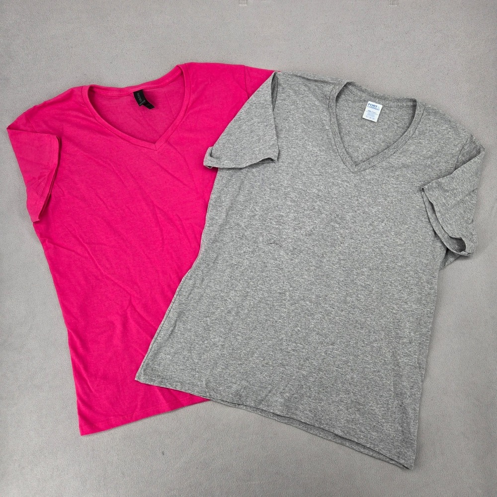Gildan Port & Company NWOT XL 2 Pack V-Neck T-Shirts Pink Gray Basics Casual